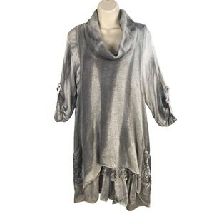 Scandal Cowl Neck Lace Trim Tunic Dress Medium Tiered Hem Boho Lagenlook Artsy